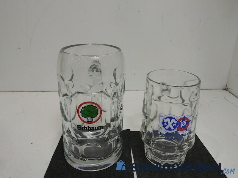 2PC Glass  Beer Mugs Eichbaum Hacker Pschorr Lg Stein Heavy Bar Drinking Decor  
