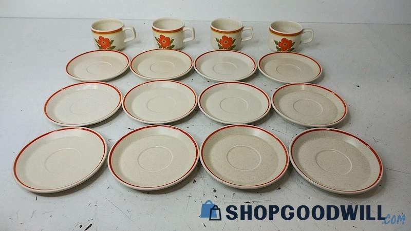 16pc Vintage Lenox Temper-ware Fire Flower Orange Floral Plates/Saucers Cups 