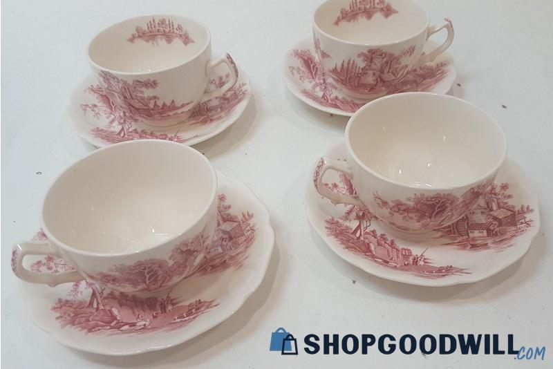 (d) The Old Mill - Johnson Brothers 8 Piece - Lot of 4 Cup/Saucer Sets