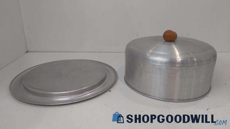 West Bend Aluminum Cake Server Plate with Cover and Wooden Acorn Handle