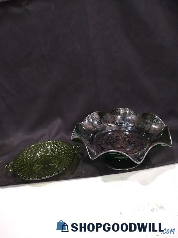 Vintage MCM Green Patterned Glass Serving Bowl by Indiana Glass + More 
