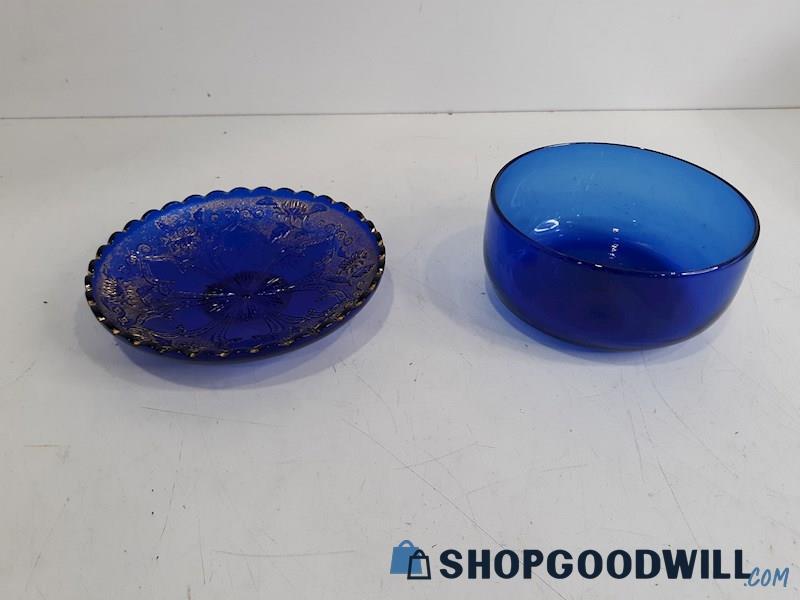 2 Blue Glass Kitchenware 1 Candy Tray W/Gold Trim & 1 Bowl Unbranded
