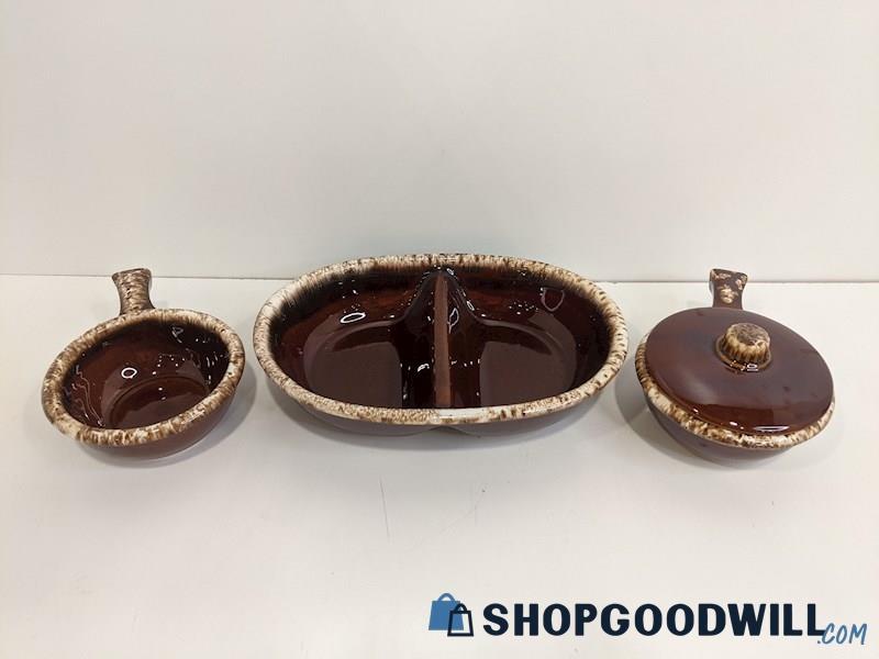 3pc. Hull Pottery USA Brown Drip Oval Divided Serving Dish & 2 Bowls w/ Handles