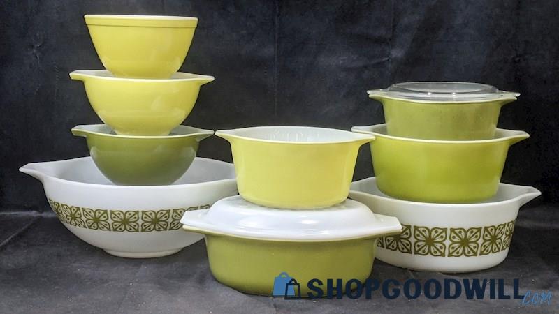 11pcs PYREX Autumn Floral Verde Mixing Bowls & Baking Dish Lot