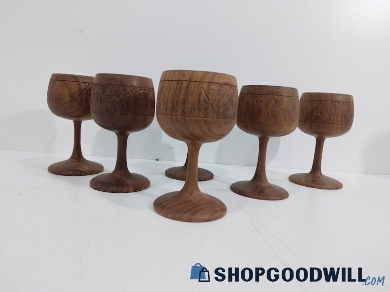 6PCS Dark Color Wood Carved Wine Dine Cups Drink Kitchen Table Ware 