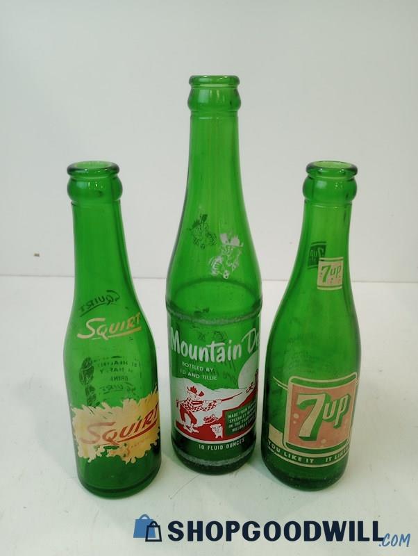 Vintage 3pc Green Glass Pop Bottles