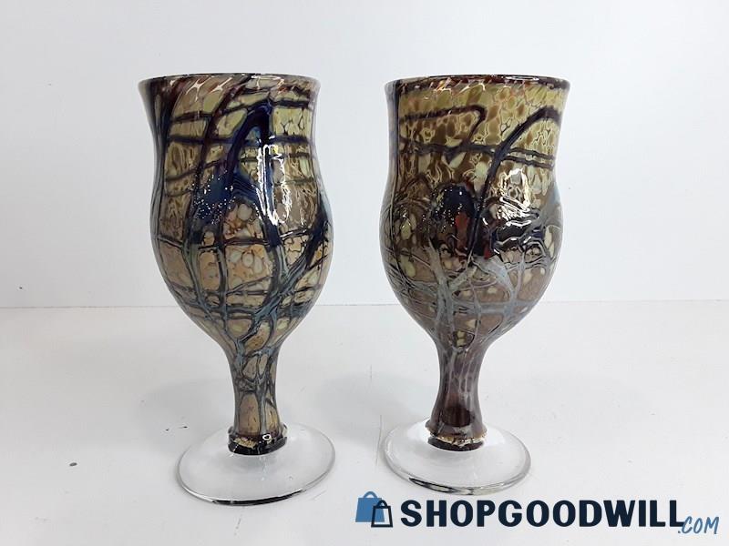 Multi-Color 2pc Art Glass Wine Goblets 