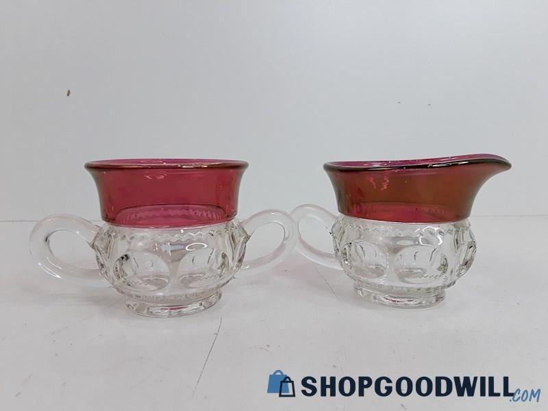 Vintage 2pc King's Crown Thumbprint Ruby Red Glass Sugar Bowl & Creamer Set 