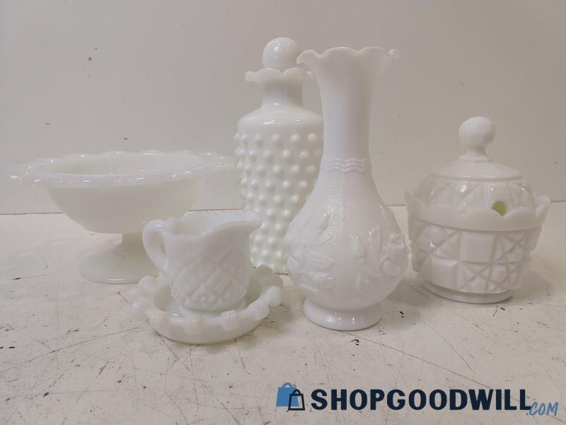 LOT Of 6 Milk White Glass - Bottles, Cups, Coasters, & MORE