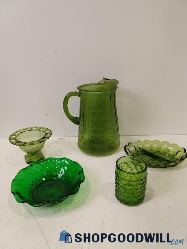 5pc Green Glass Pitcher Bowls Dishes Cups Serve Pieces Appears Indiana Glass