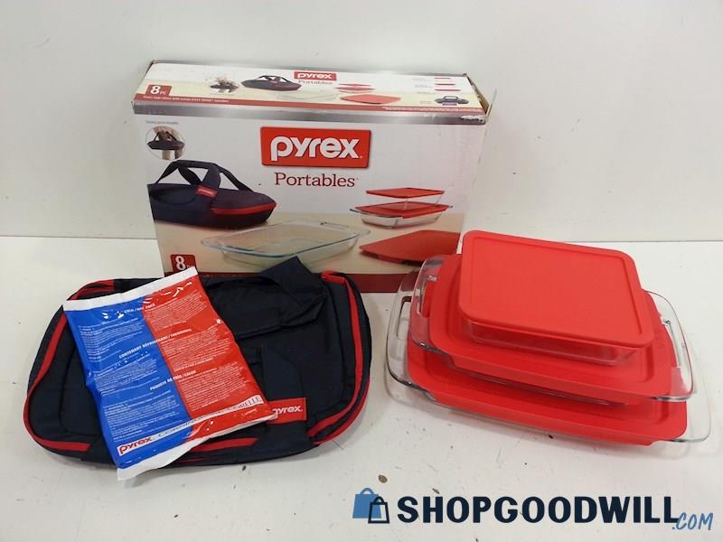 Pyrex Portables 8PC Set 3 Glass Baking Dishes/3 Lids/Insulated Tote/HeatPack IOB