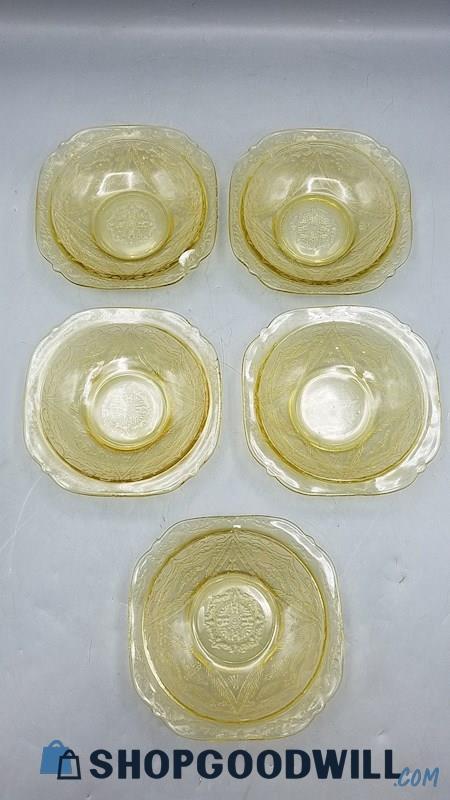 5PC VTG Yellow Depression Glass Dessert Serving Bowls 