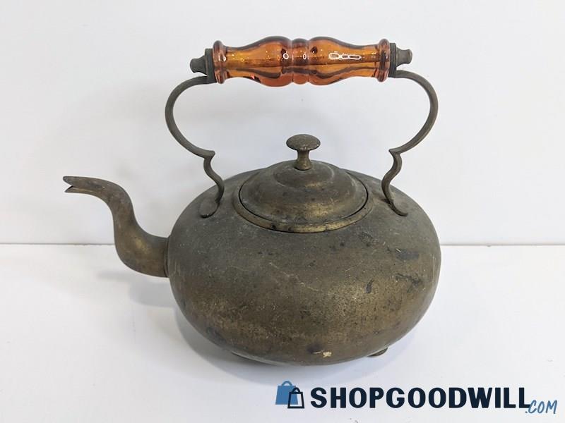 Appears to Be Vintage Metal Brass Footed Tea Pot W/ Amber Handle