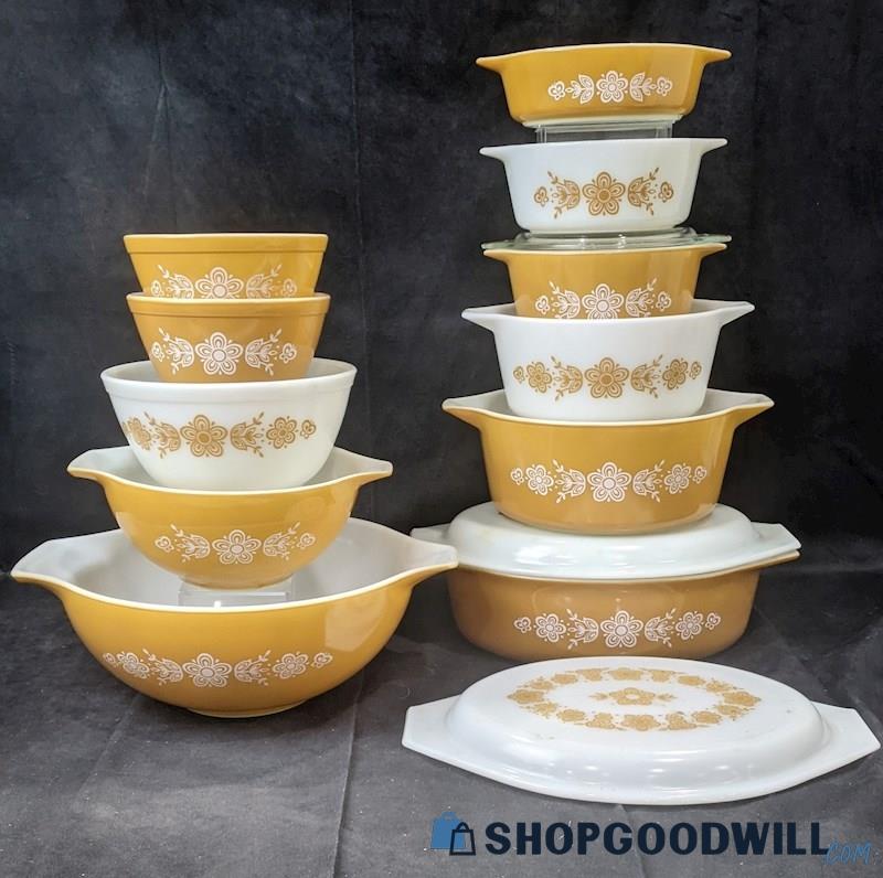 14pcs PYREX Butterfly Gold Nesting Mixing Bowls & Baking Dish Set