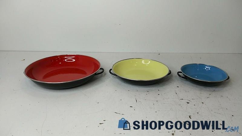 Set of 3 Vintage Yugoslavia Enameled Pans Blue Yellow Red Cookware