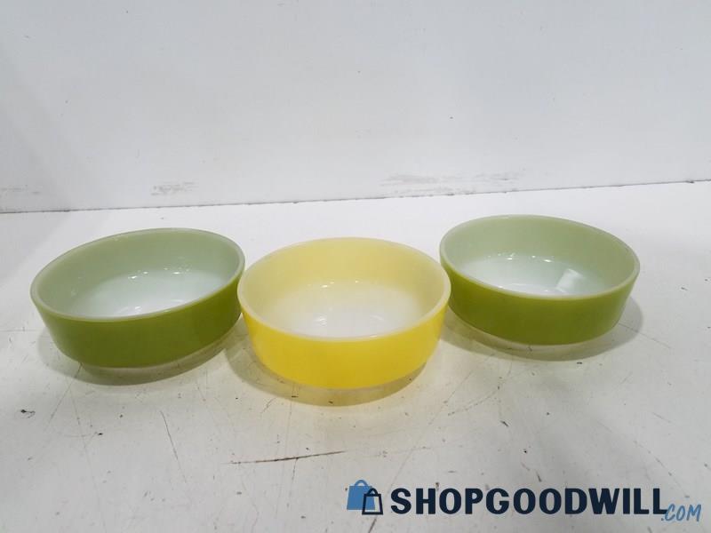 3 Sets Of Vintage Green & Yellow Glass Small Bowls