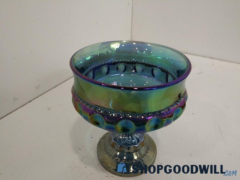 Vintage Carnival Glass Pedestal Bowl / Candy Dish: Iridescent Blue Thumbprint