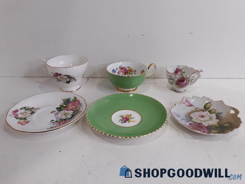 3 Pc. Set Floral Porcelain Tea Cups & Saucers, Queen Anne, Royal Chelsea, Lefton