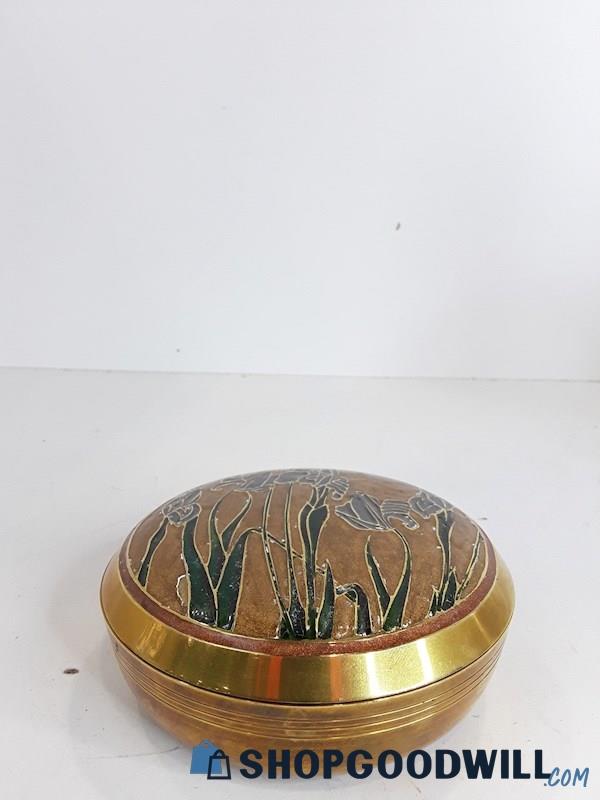 Iris Floral Motif Enamel Solid Brass Container W/ Lid VTG