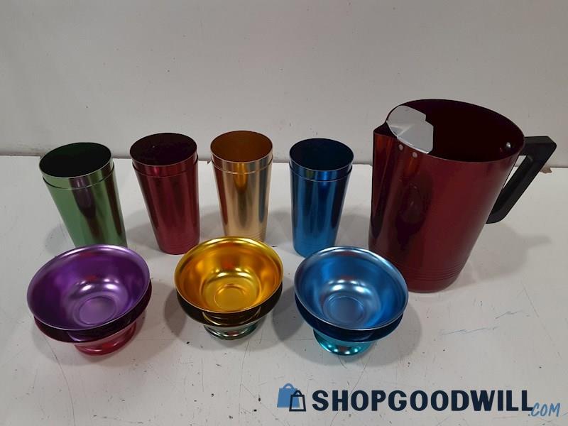 15 Pc Multi Color Aluminum Drink Set W/ Pitcher & Bowls