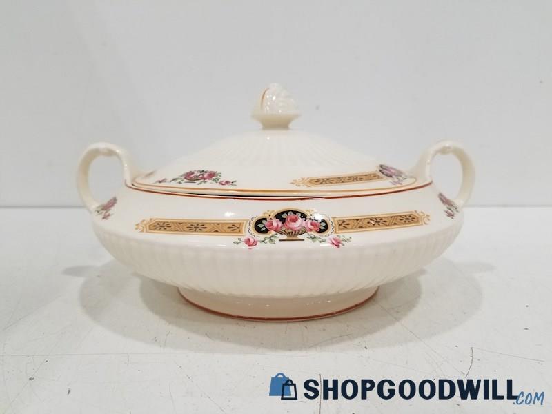 Vintage Ivory Porcelain Serving Bowl W / Lid Flower Designs