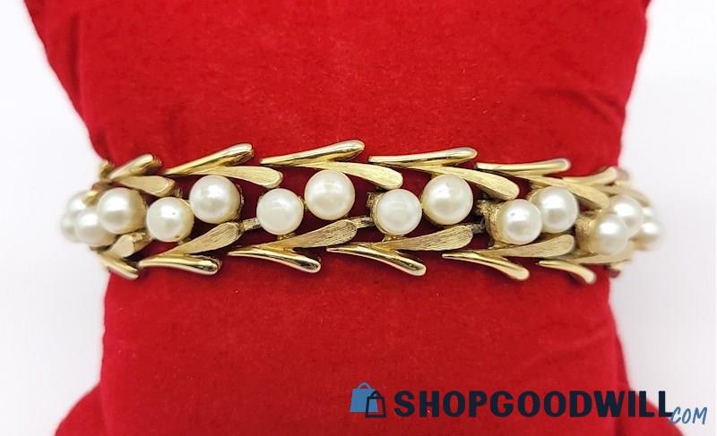 Crown Trifari Gold-Tone & Faux Pearl Textured Link Bracelet 