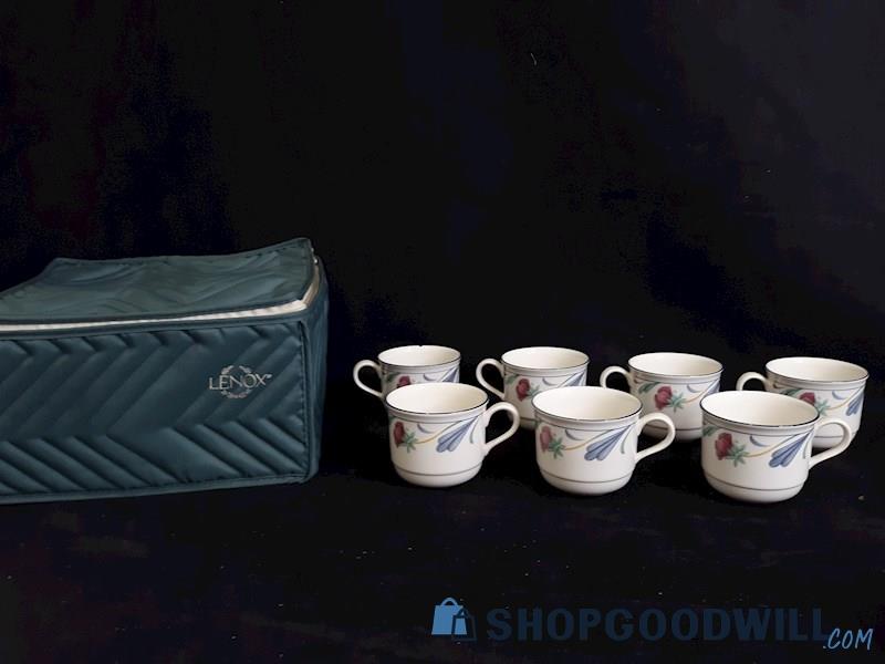 7 Pc. Lenox Poppies On Blue Chinastone Mugs W Handles / Teacups w Storage Bag