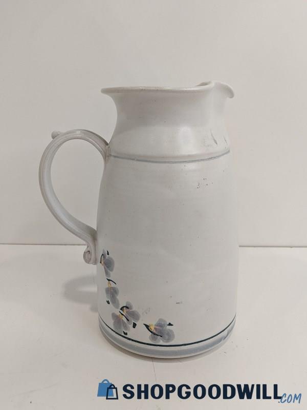 Hand Painted Ceramic White w/ Blue Flowers Pinched Lip Pitcher Pottery