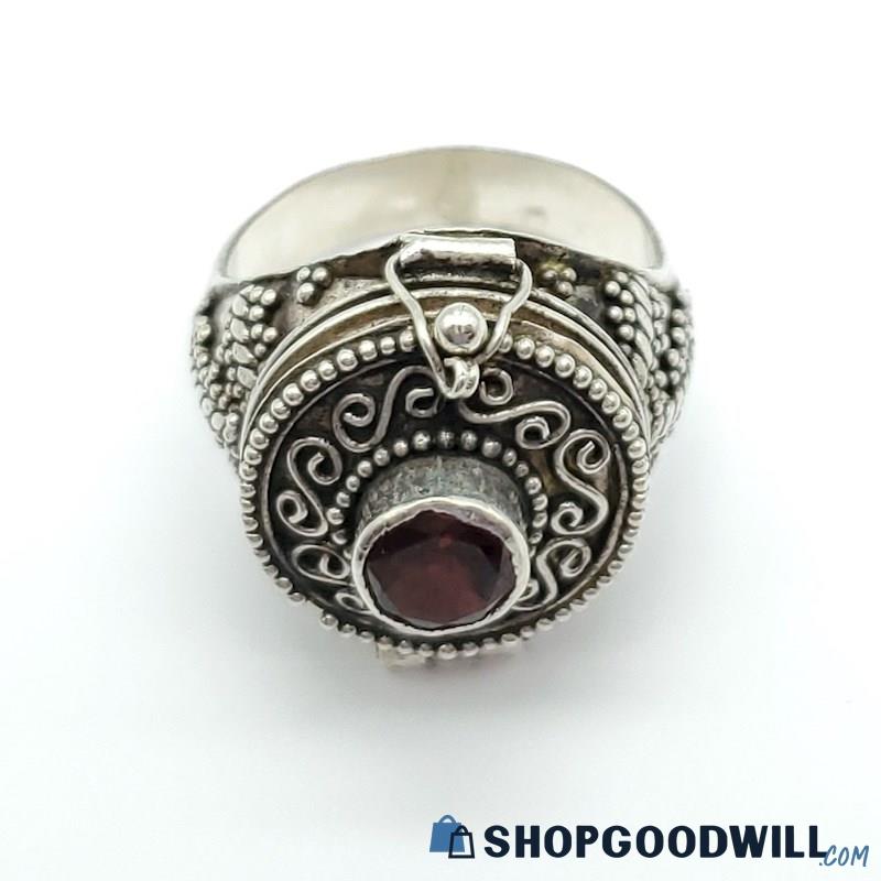 .925 Vintage Garnet Intricate Poison Ring (Size 7 3/4) 6.58 Grams