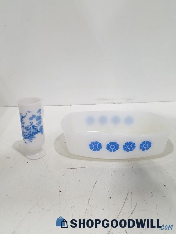 Rare Federal Milk Glass Daisy Loaf Pan And A Tall Cup