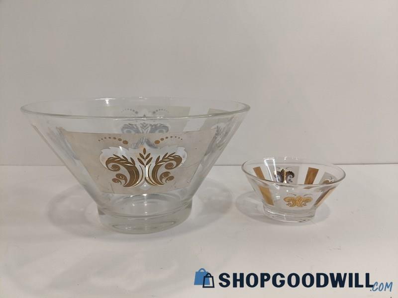 Vintage Gold & Frosted Fleur-de-Lis Glass Chip & Dip Bowl Set