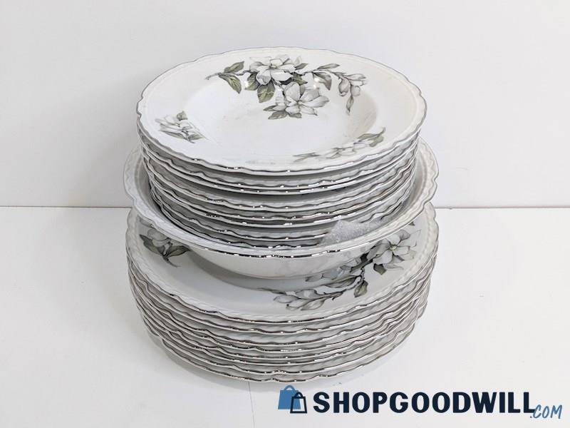 17pc Embassy China Silver Gardenia Dinnerware Bowls + Plates