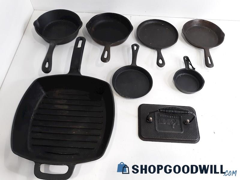 Lot of Cast Iron Cookware, Assorted Size Pans, Skillet/Griddle, Grill Press