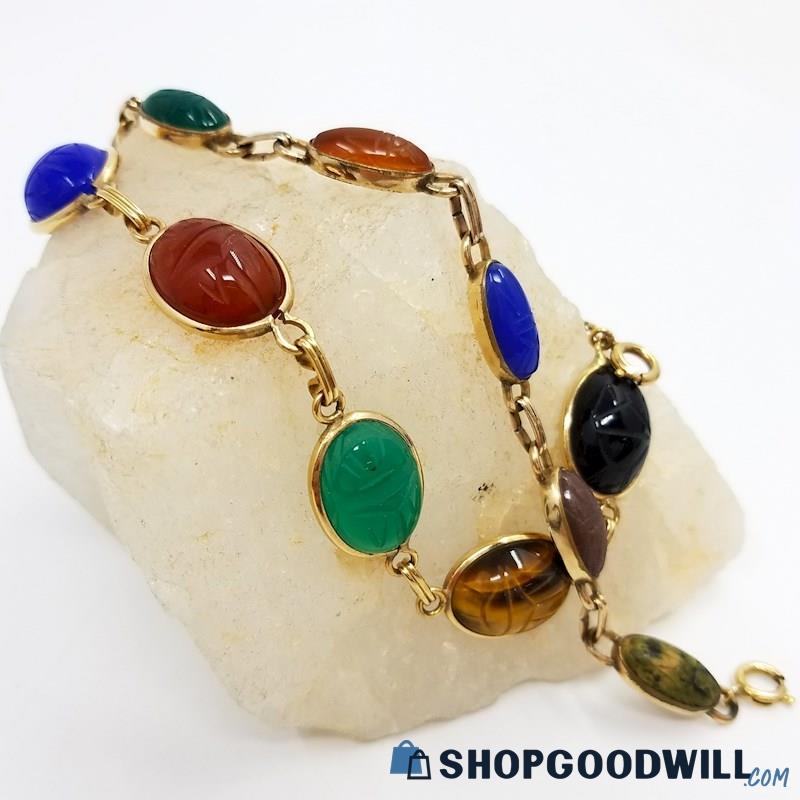 Vintage Gold-Filled Multi-Stone Cabochon Scarab Bracelets (2) 25.03 Grams