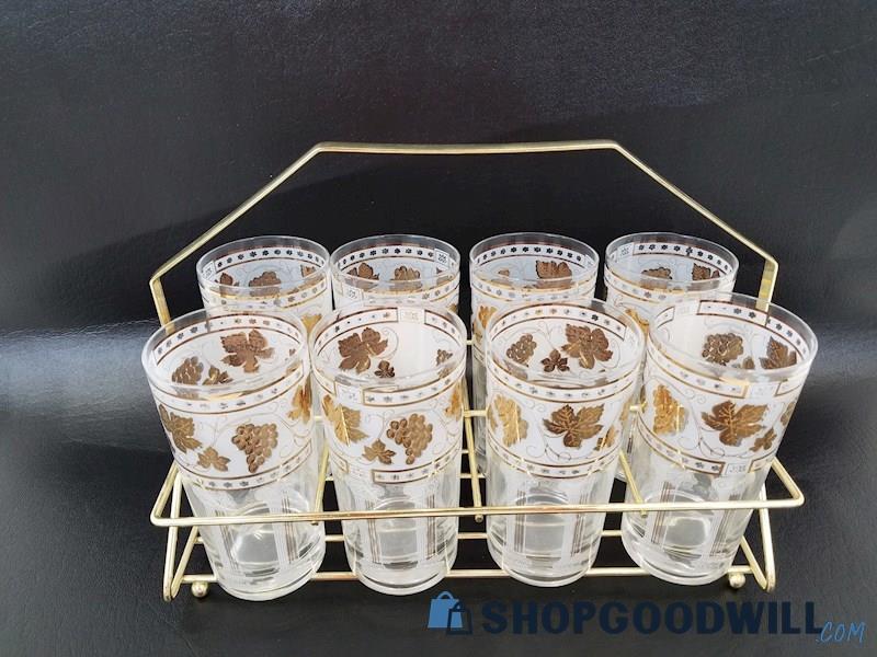 8 Cera Glass Highball Golden Grapes On White Cups W/ Metal Caddy, Vintage