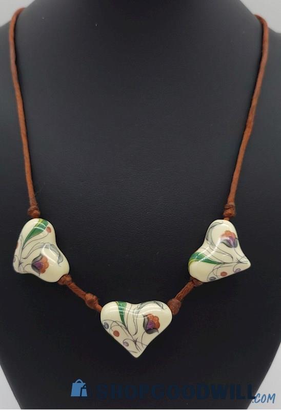 Signed SANDRA PAILET Hand Painted Porcelain Hearts Necklace 