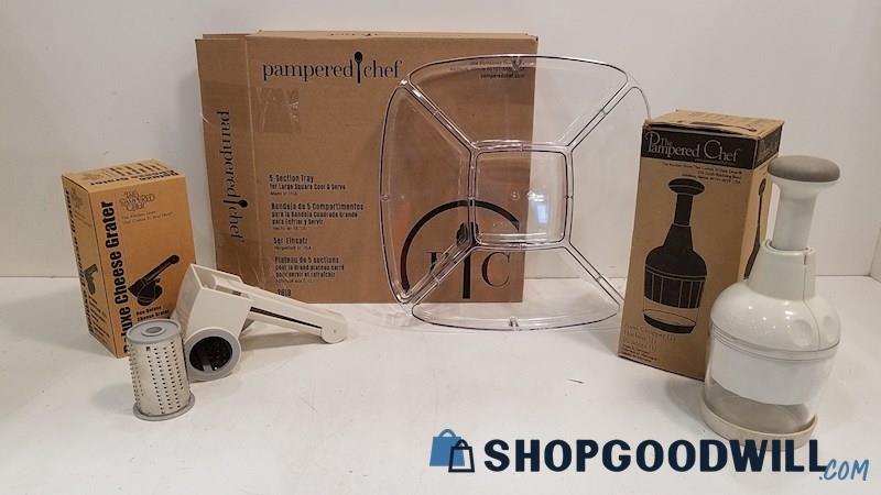 The Pampered Chef 5 Section Tray , Deluxe Cheese Grater , + Food Chopper
