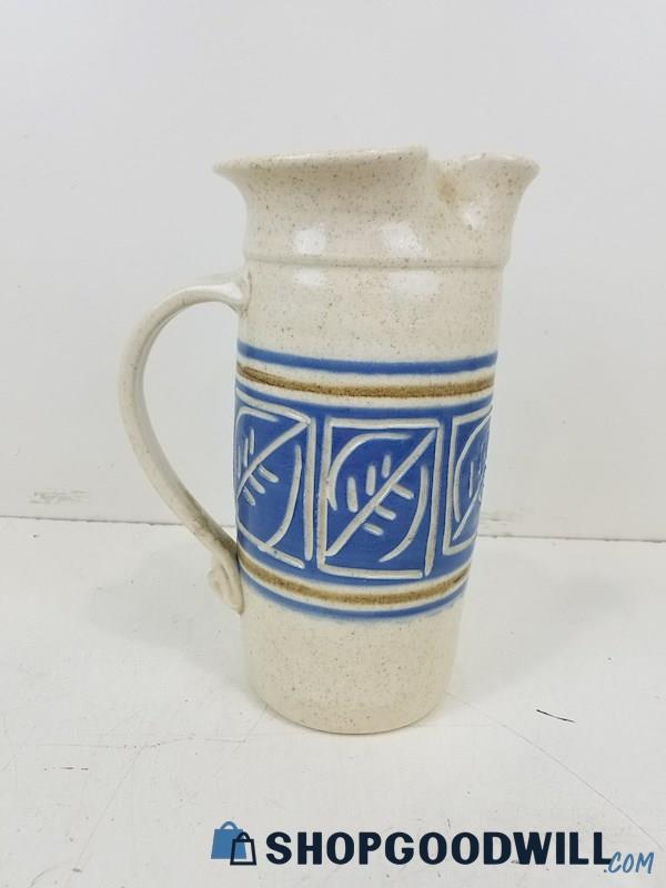 Stoneware Pottery Drink Pitcher W/ Blue Leaf Pattern, Vintage W/ Handle