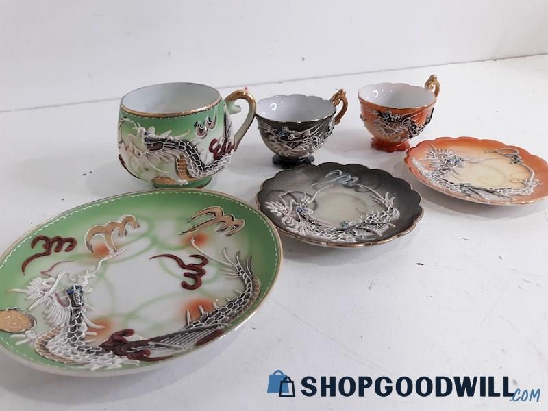 3 Pc. Set Dragon Handpainted Japanese Oriental Demitasse Tea Cups & Saucers,