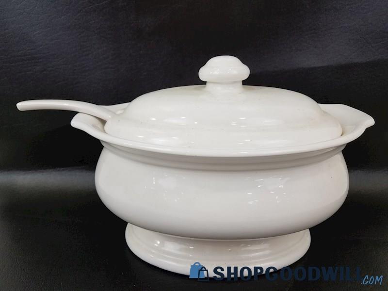 White Ceramic Soup Tureen W/ Lid & Spoon, California, Vintage Kitchenware
