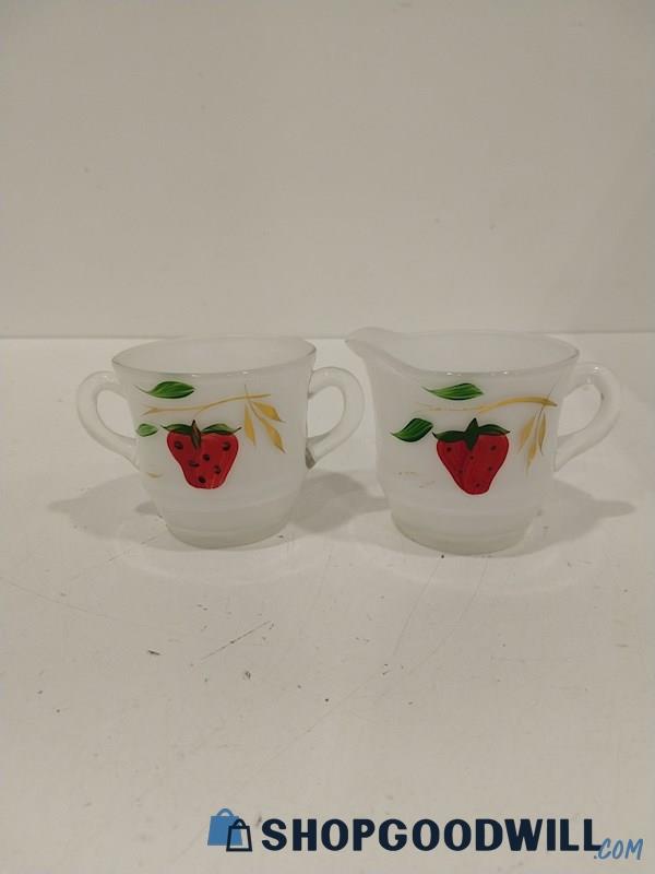 Vintage Strawberry, Appears To Be Bartlett & Collins White Cream and Sugar Retro