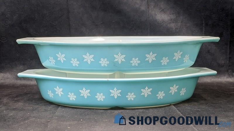 2pcs PYREX Turquoise Blue Snowflake Oval Divided Baking Dishes 