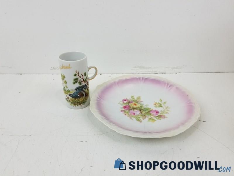 Hand Painted Floral Pink & White Plate W/ Micheal Merry Christmas Mug Cup