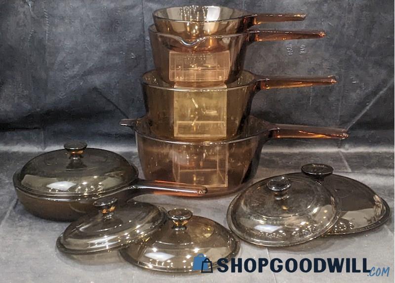 10pc Vintage 1970s Smoke Glass Corning Ware Visions Cookware Set W/ Lids Kitchen