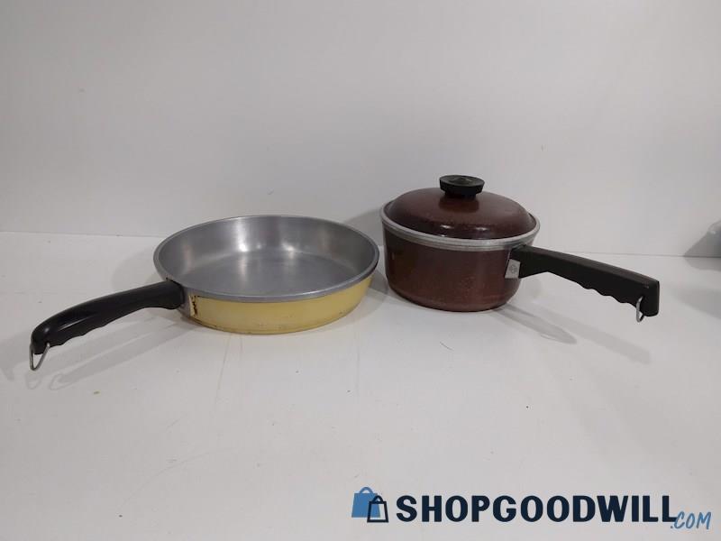 3PCS Club Cast Aluminum Skillet Yellow Pan Brown Pot W/ Lid Home Kitchen Cooking