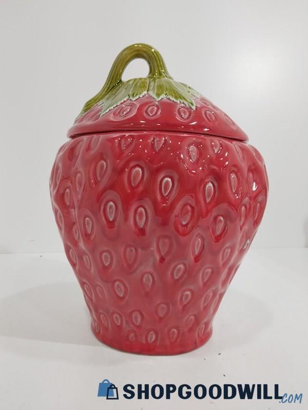 Vintage Hand Painted Strawberry Cookie Jar Canister Retro 1970 W/ Lid Kitchen 