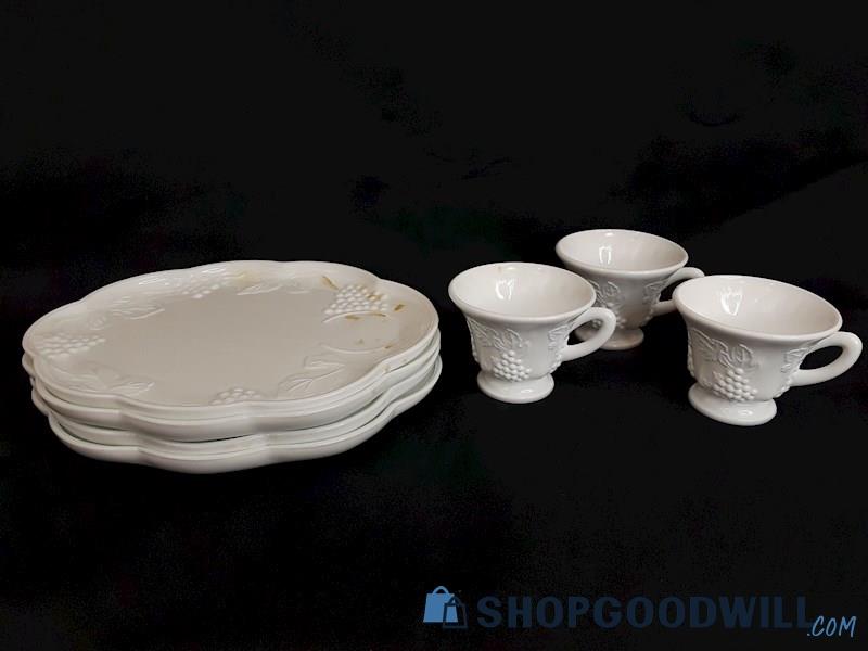 Vintage Milk Glass 7pc Harvest Pattern Snack Plate & Cup Set 