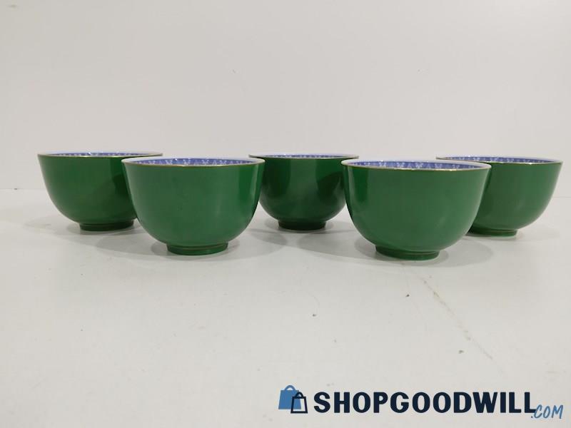 5PCS Chinese Parcel Gilt Green Glazed Gold Like Rims Porcelain Small Rice Bowls 