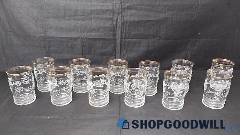 12pc Unbranded Glass Cups Gold Rim White Floral Design