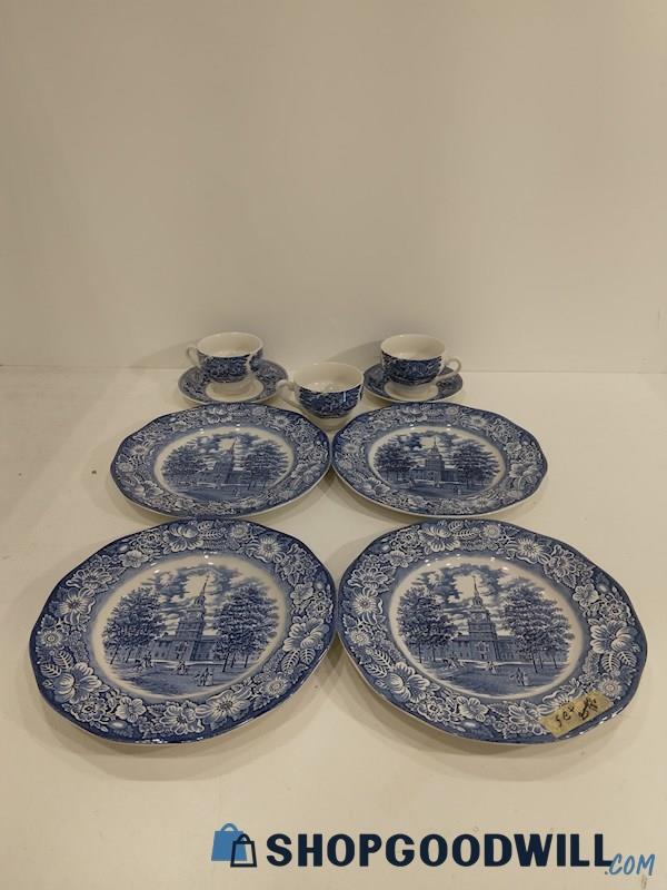 9PCS Liberty Blue England Staffordshire Ironstone Dinnerware Plates & Cups